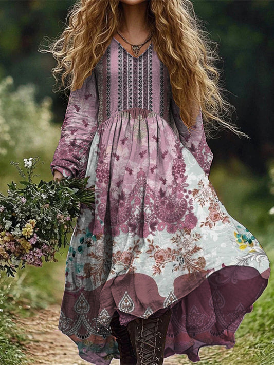 Retro boho virágos nyomtatás vintage elegáns v-nyak pamut hosszú ujjú midi ruha