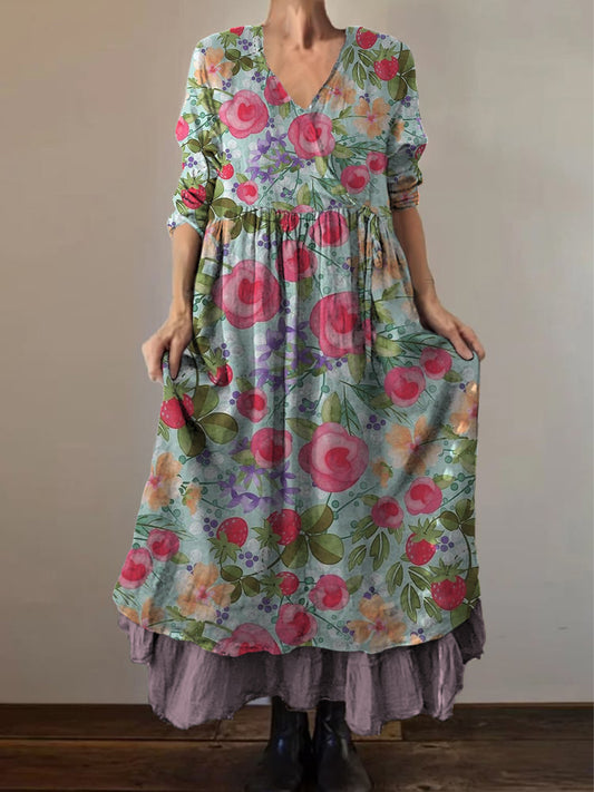 Retro boho virágos nyomtatás vintage v-nyak dupla hemline pamut hosszú ujjú midi ruha