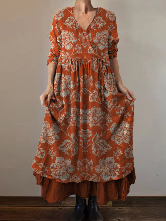 Retro boho virágos nyomtatás vintage v-nyak dupla hemline pamut hosszú ujjú midi ruha