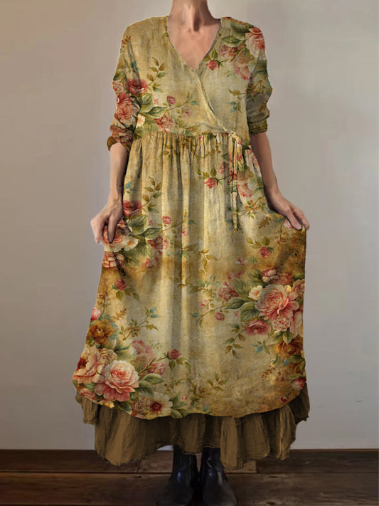 Retro boho virágos nyomtatás vintage v-nyak dupla hemline pamut hosszú ujjú midi ruha