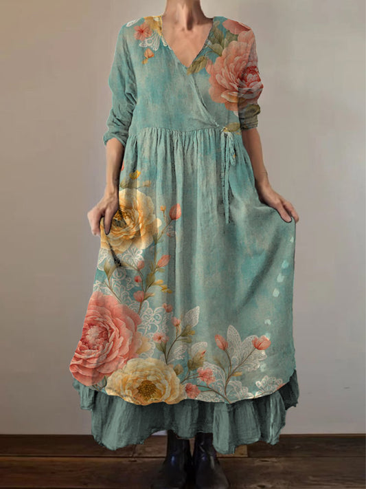 Retro boho virágos etnikai nyomtatás vintage v-nyak dupla hemline pamut hosszú ujjú midi ruha