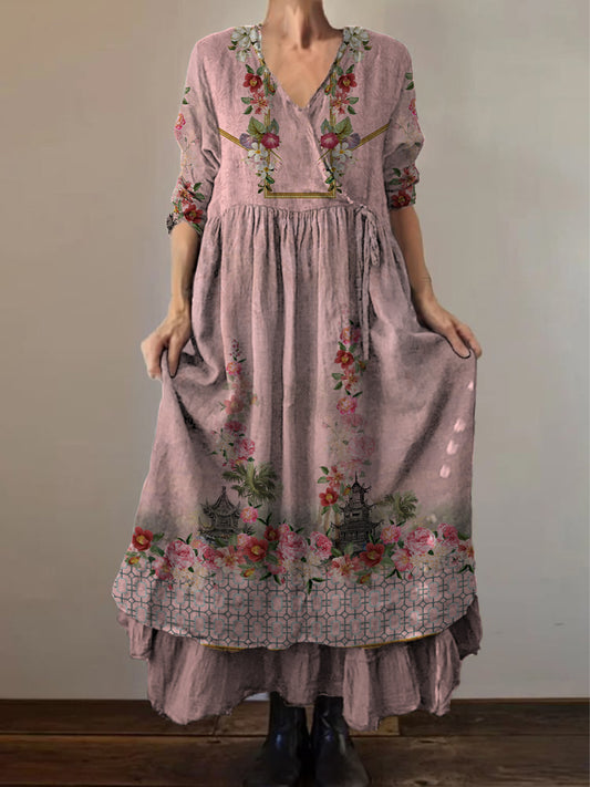 Retro boho virágos nyomtatás vintage v-nyak dupla hemline pamut hosszú ujjú midi ruha