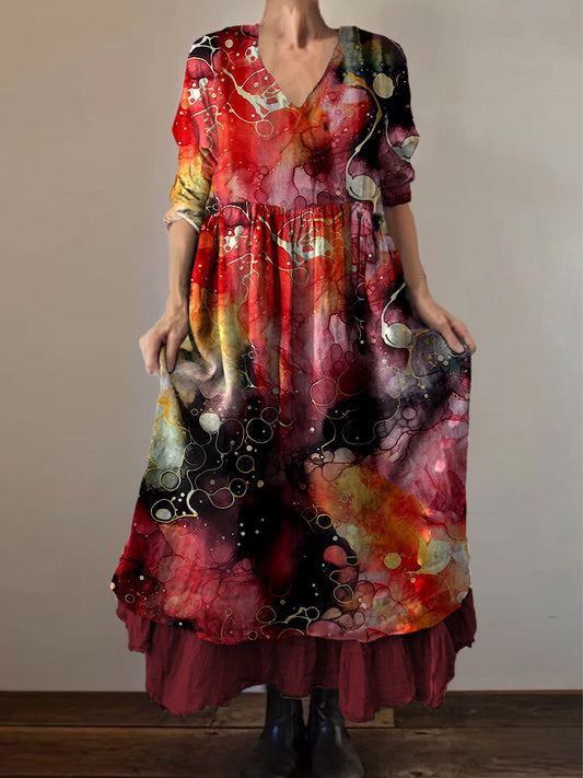 Retro boho virágos nyomtatás vintage v-nyak dupla hemline pamut hosszú ujjú midi ruha