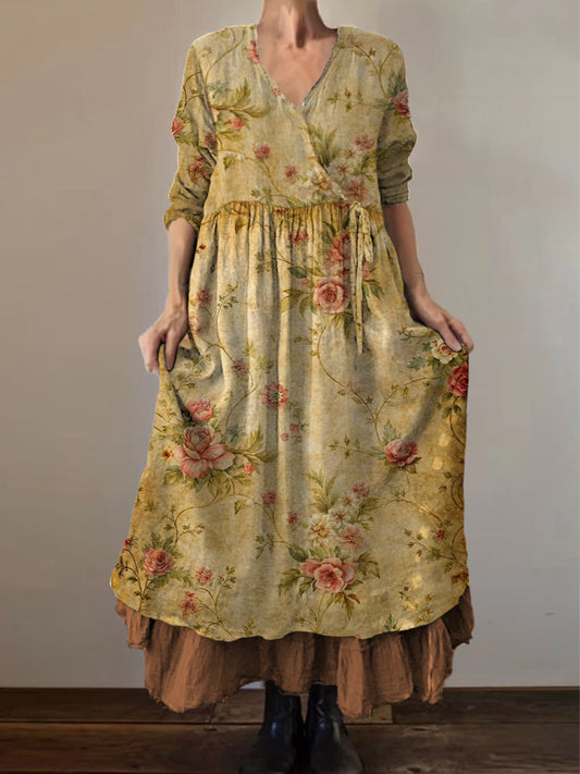 Retro boho virágos nyomtatás vintage v-nyak dupla hemline pamut hosszú ujjú midi ruha