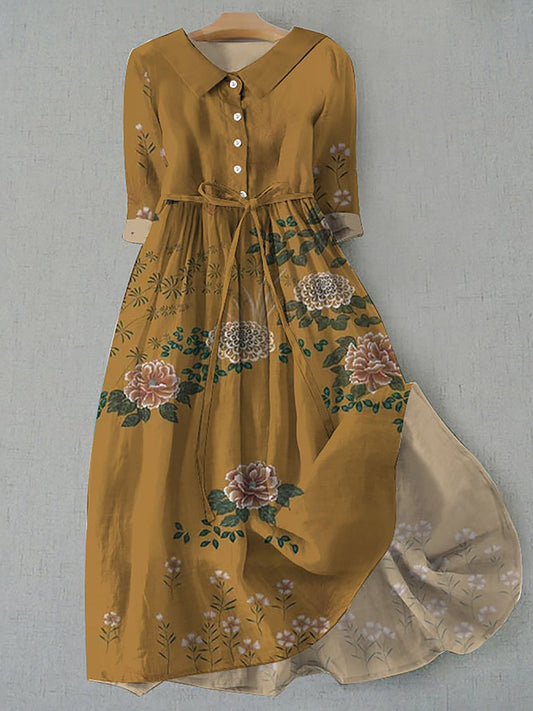 Retro boho virágos nyomtatás vintage elegáns kerek nyak gomb hosszú ujjú midi ruha