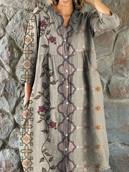 Retro boho virág művészet nyomtatás vintage elegáns v-nyak gomb fel hosszú ujjú midi ruha