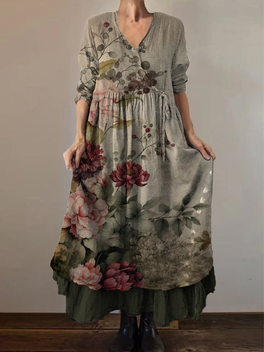 Retro boho virágos nyomtatás vintage v-nyak dupla hemline pamut hosszú ujjú midi ruha