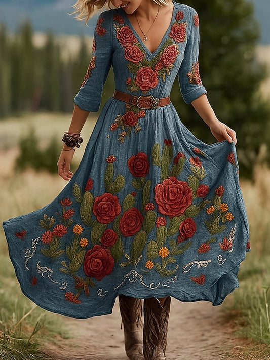 Retro virág művészet nyomtatás vintage v-nyak hosszú ujjú pamut maxi ruha