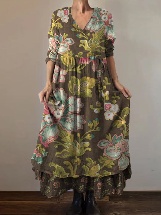 Retro boho virágos nyomtatás vintage v-nyak dupla hemline pamut hosszú ujjú midi ruha