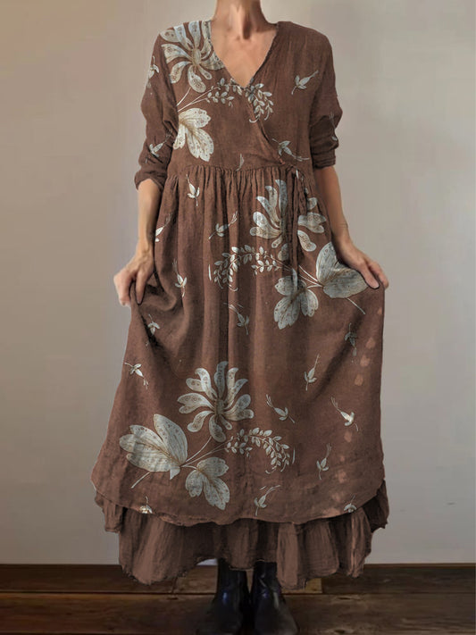 Retro boho virágos nyomtatás vintage v-nyak dupla hemline pamut hosszú ujjú midi ruha