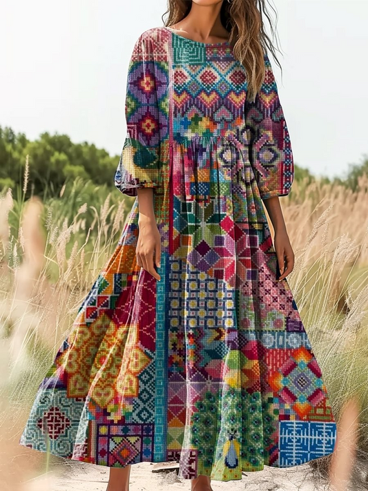 Retro boho virágos botanika nyomtatás vintage elegáns kerek nyak pamut hosszú ujjú midi ruha