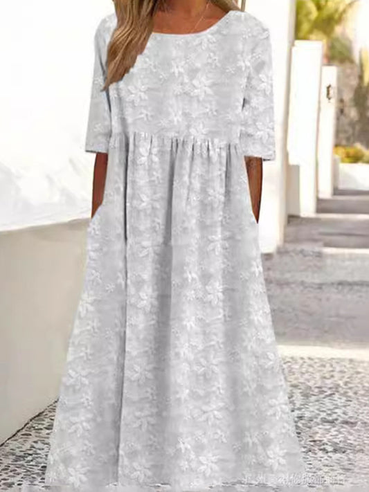 Női retro hímzett kerek nyak hímzett negyed ujjú ruha