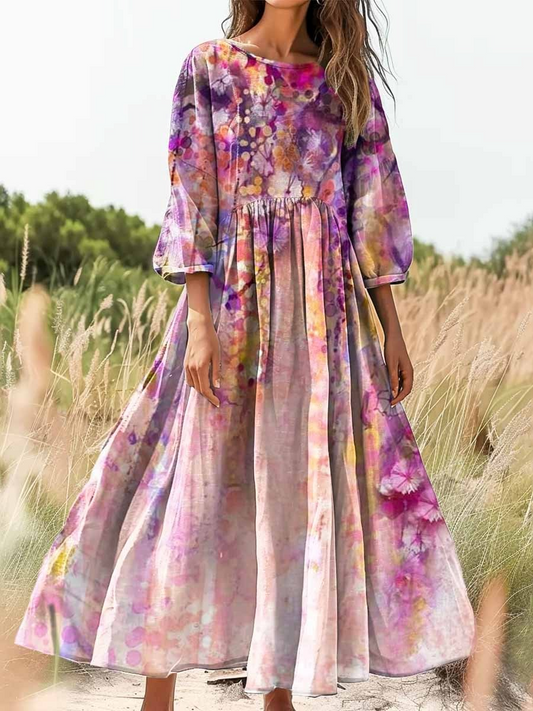 Retro boho virágos botanika nyomtatás vintage elegáns kerek nyak pamut hosszú ujjú midi ruha