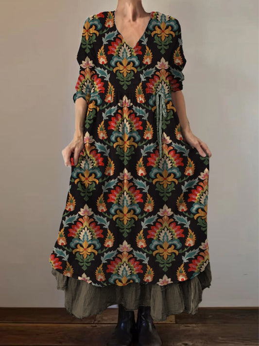 Retro boho virágos nyomtatás vintage v-nyak dupla hemline pamut hosszú ujjú midi ruha