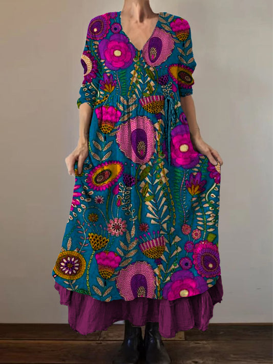 Retro boho virágos nyomtatás vintage v-nyak dupla hemline pamut hosszú ujjú midi ruha