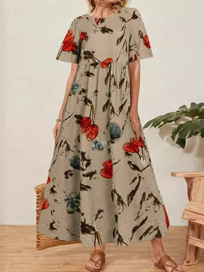 Női retro virág art nyomtatás kerek nyak rövid ujjú hosszú ruha