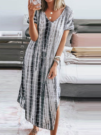 Női vintage nyakkendő festék rést v nyak laza maxi ruha