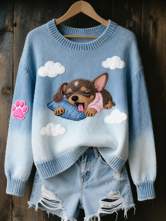 Női vintage art állat nyomtatás hangulatos kötött pulóver