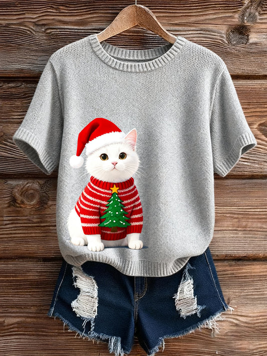 Női vintage art állat nyomtatás hangulatos kötött rövid ujjú pulóver