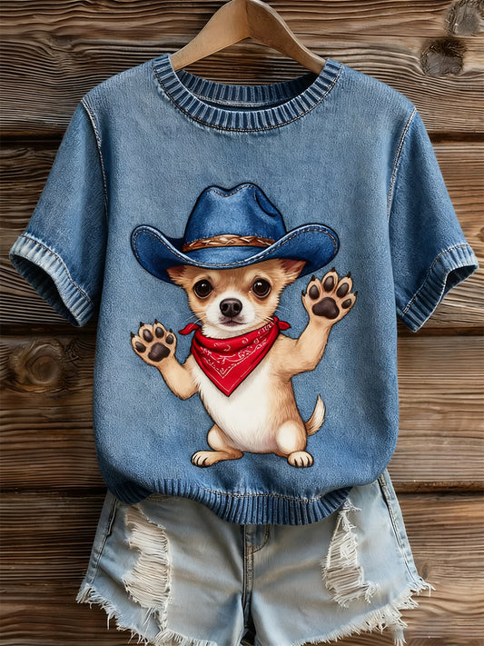 Női művészi állat nyomtatás kényelmes kötött rövid ujjú felső