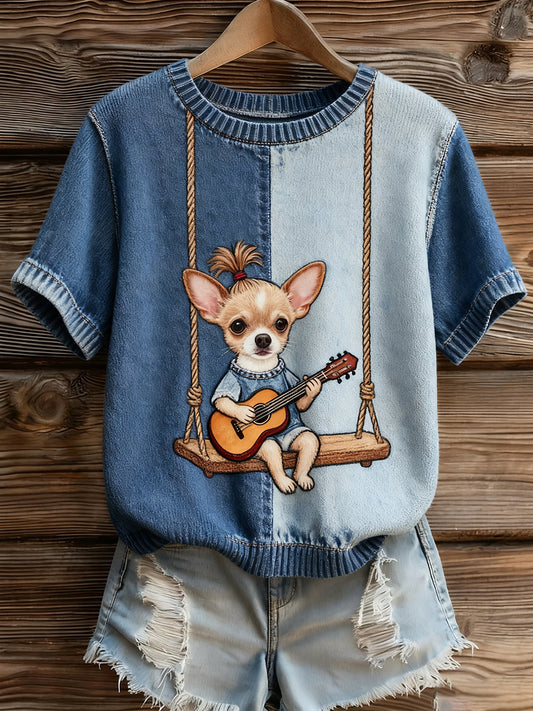 Női művészi állat nyomtatás kényelmes kötött rövid ujjú felső