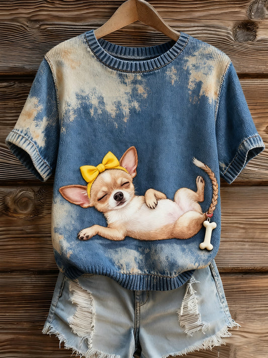 Női művészi állat nyomtatás kényelmes kötött rövid ujjú felső