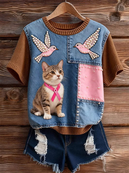 Női művészi állat nyomtatás kényelmes kötött rövid ujjú felső