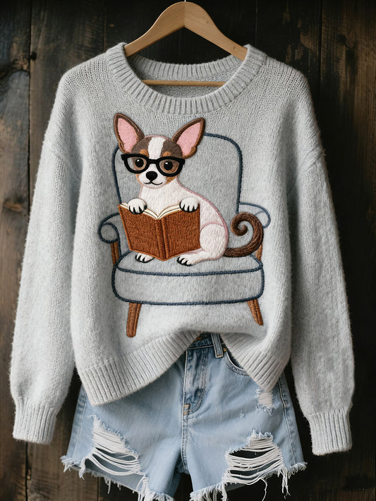 Női vintage art állat nyomtatás hangulatos kötött pulóver