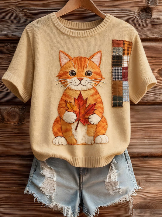 Női művészi állat nyomtatás kényelmes kötött rövid ujjú felső