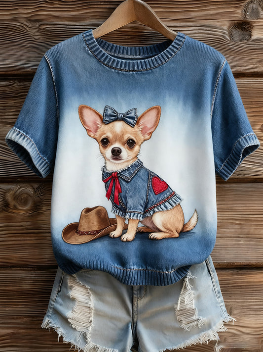 Női művészi állat nyomtatás kényelmes kötött rövid ujjú felső