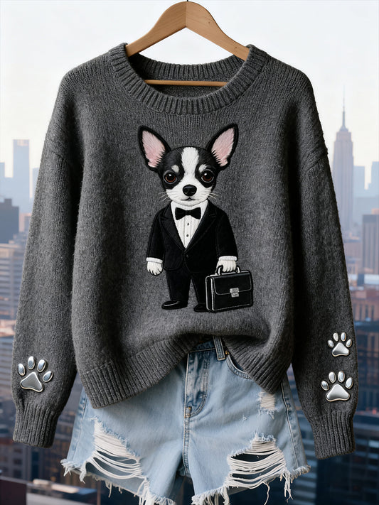 Női vintage art állat nyomtatás hangulatos kötött pulóver