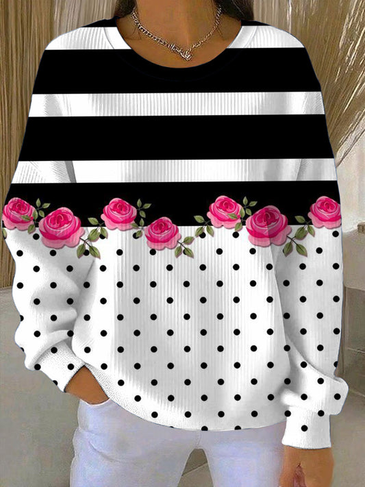 Női elegáns fekete-fehér csík & polka dot rose pulóver