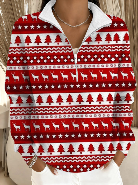 Női ünnepi piros karácsonyi minta állvány-nyakörv pulóver