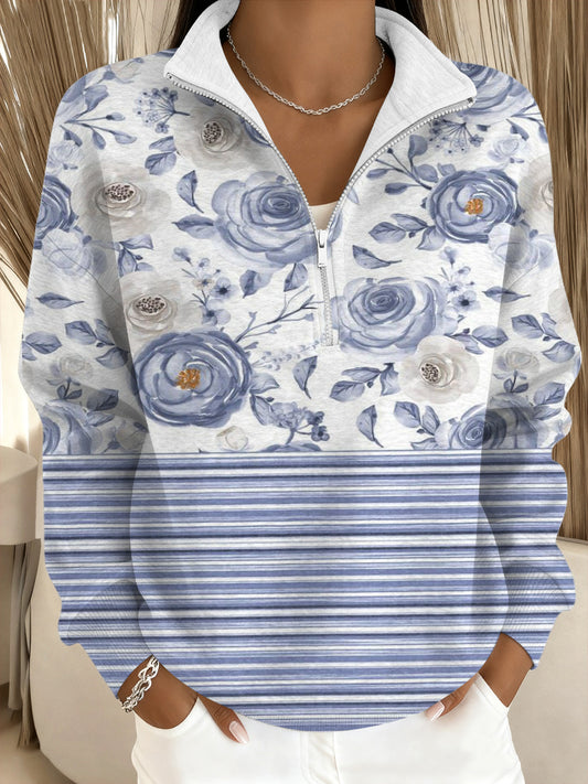 Női bájos kék virágos és csíkos állvány-nyakörv pulóver