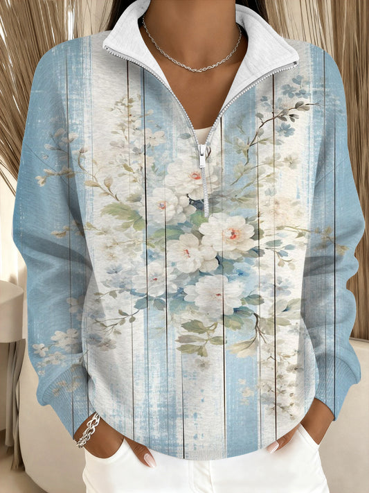 Női elegáns kék virág nyomtatás állvány-nyakörv pulóver