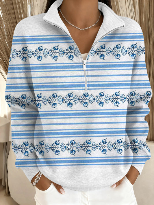 Női elegáns kék virágos csík állvány-nyakörv pulóver