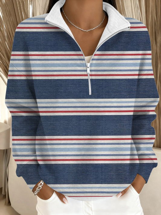 Női klasszikus kék-piros csíkos állvány-nyakörv pulóver