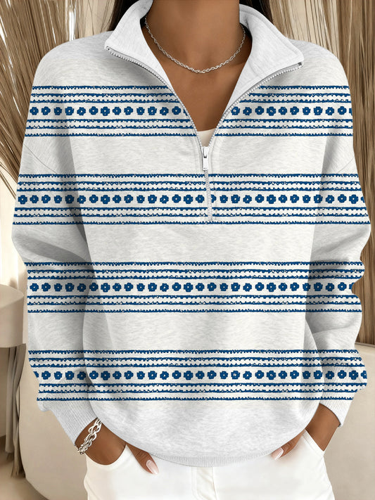 Női finom kék mintás állvány-nyakörv pulóver