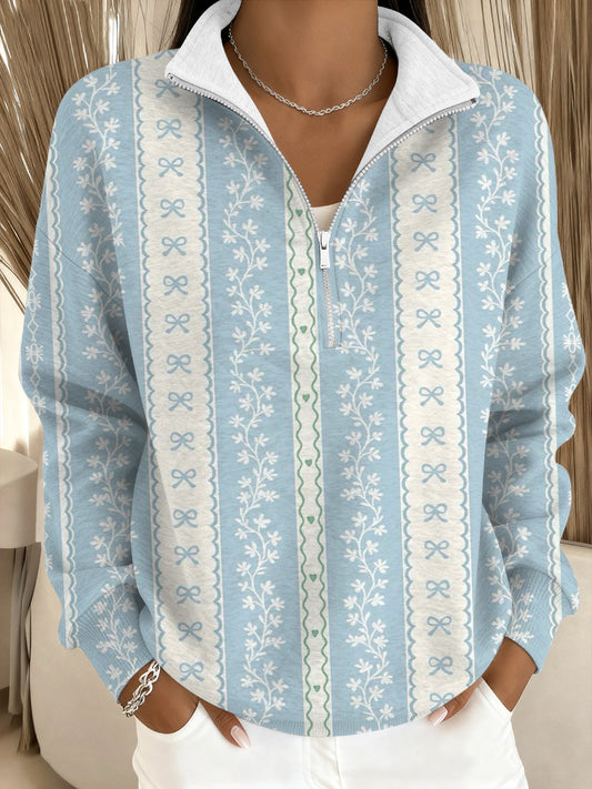 Női finom kék íj & virágos állvány-nyakörv pulóver