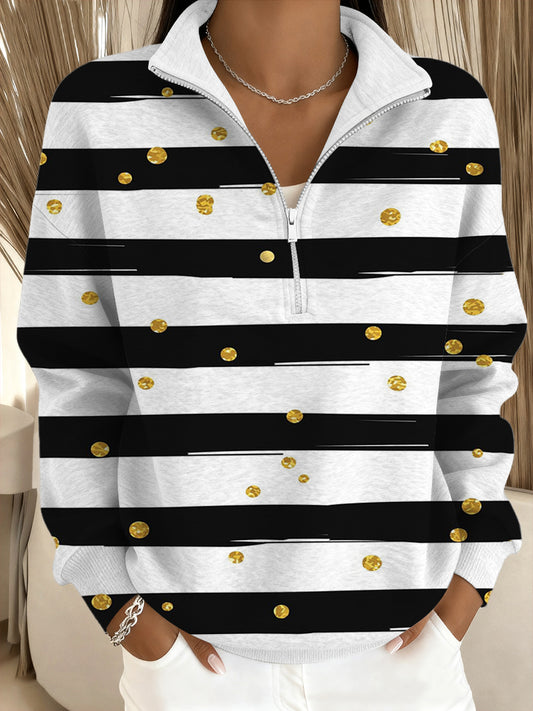 Női elbűvölő fekete-fehér csík & arany dot állvány-nyakörv pulóver