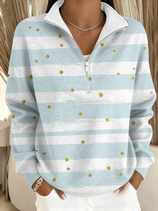 Női friss kék-fehér csík & arany dot állvány-nyakörv pulóver