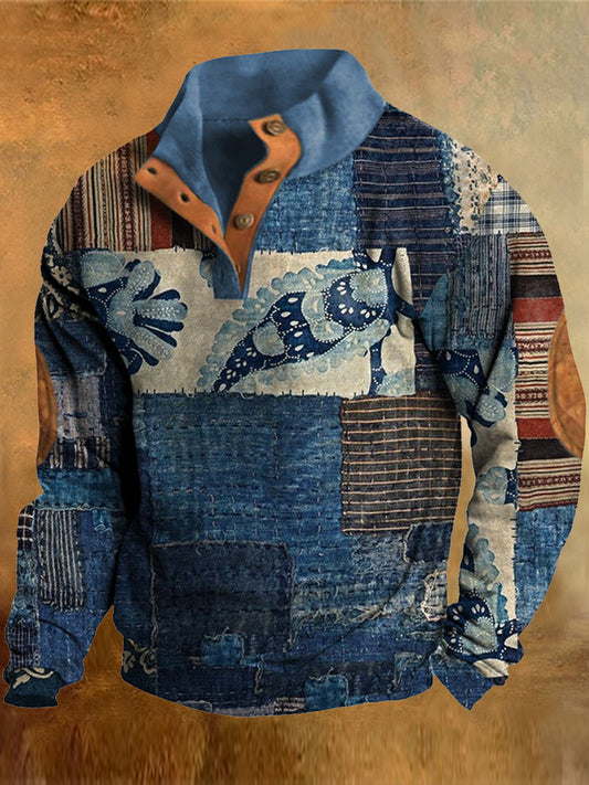 Férfi vintage denim rács splice nyomtatás redel állvány nyakörv gomb kültéri pulóver