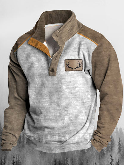 Férfi nyugati agancs jel nyomtatás állvány nyakörv gomb flush kültéri pulóver