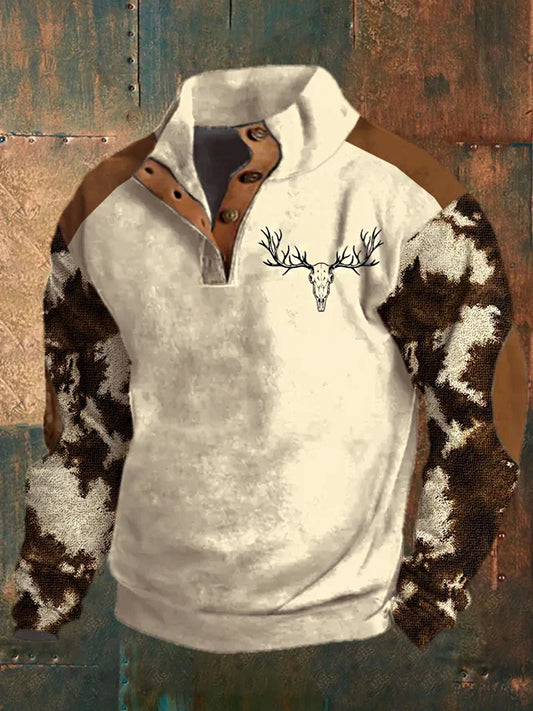 Férfi klasszikus nyugati spliced szarvas nyomtatás állvány gallér cipzár flush kültéri pulóver