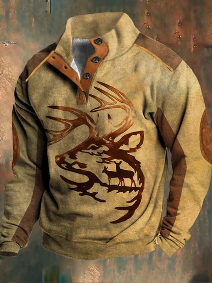 Férfi nyugati szarvas minta patchwork nyomtatás állvány gallér cipzár flush kültéri pulóver