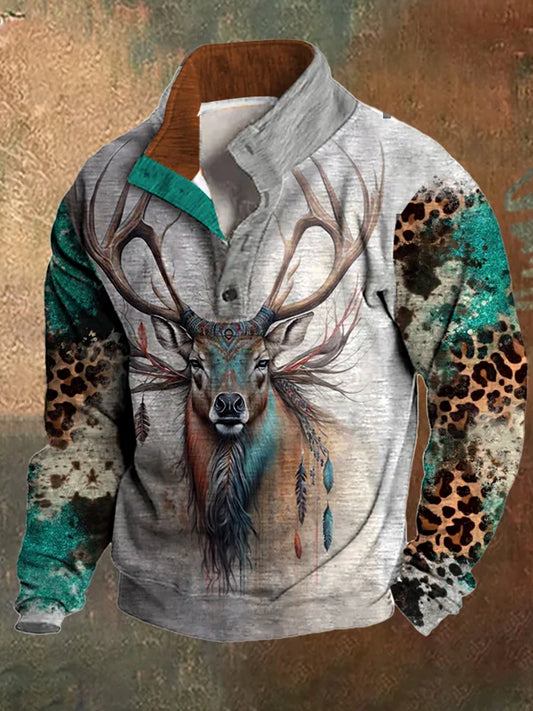 Férfi nyugati szarvas leopard nyomtatás állvány gallér cipzár flush kültéri pulóver