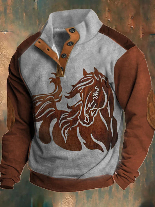 Férfi nyugati ló fa nyomtatás állvány gallér cipzár flush kültéri pulóver