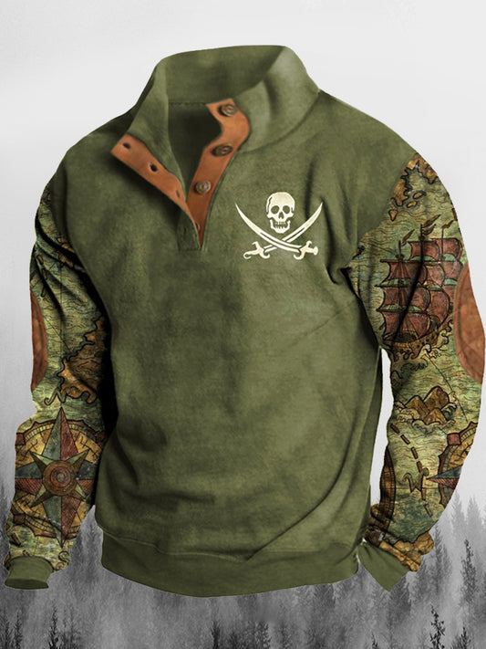 Férfi retro csontváz vitorlázás kaland nyomtatás állvány nyakörv gomb flush kültéri pulóver