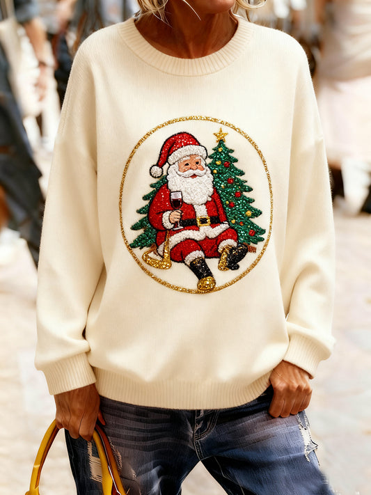 Női vintage karácsonyi művészet nyomtatás hangulatos kötött pulóver