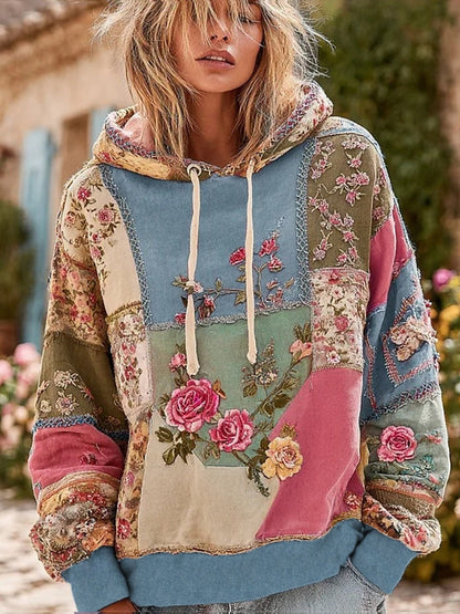 Női vintage virágos nyomtatás kényelem csuklyás pulóver